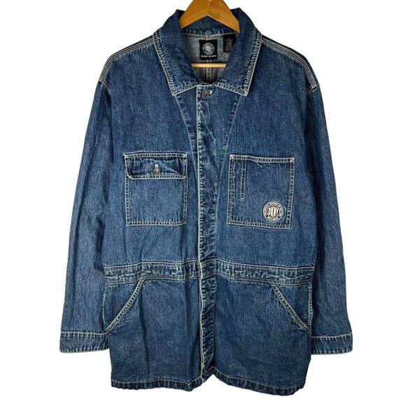Vintage 90s DKNY Mens Sz L Coat Jacket Trench Blue Denim Jean